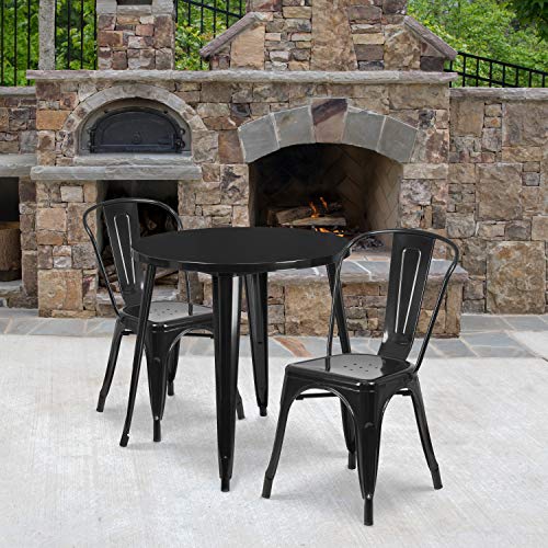 Flash Furniture Commercial Grade 30" Round Black Metal Indoor-Outdoor Table Set with 2 Cafe Chairs