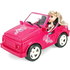 pink convertible doll car, cruiser sport utility vehicle toy car with rolling wheels, 2 seats, pretend play gift for 3 to 7 year old girls (compatible with barbie)