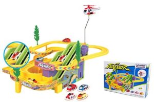 track racer race cars fun toy playset for kids - battery operated sport racing vehicles and helicopter track set (no music)