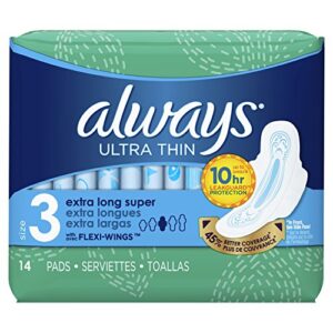 always ultra thin, size 3, extra long super pads with wings, unscented, 14 count
