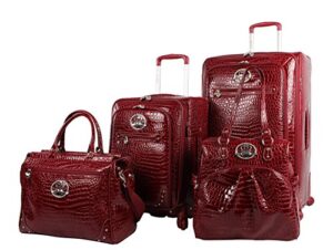 kathy van zeeland croco pvc designer luggage - 4 piece softside expandable lightweight spinner suitcases - travel set includes a dowel and shopper bags, 20-inch carry on & 28-inch suitcase (burgundy)
