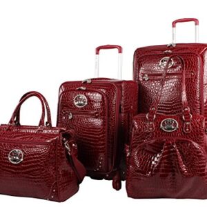 Kathy Van Zeeland Croco PVC Designer Luggage - 4 Piece Softside Expandable Lightweight Spinner Suitcases - Travel Set includes a Dowel and Shopper Bags, 20-Inch Carry On & 28-Inch Suitcase (Burgundy)