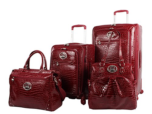 Kathy Van Zeeland Croco PVC Designer Luggage - 4 Piece Softside Expandable Lightweight Spinner Suitcases - Travel Set includes a Dowel and Shopper Bags, 20-Inch Carry On & 28-Inch Suitcase (Burgundy)