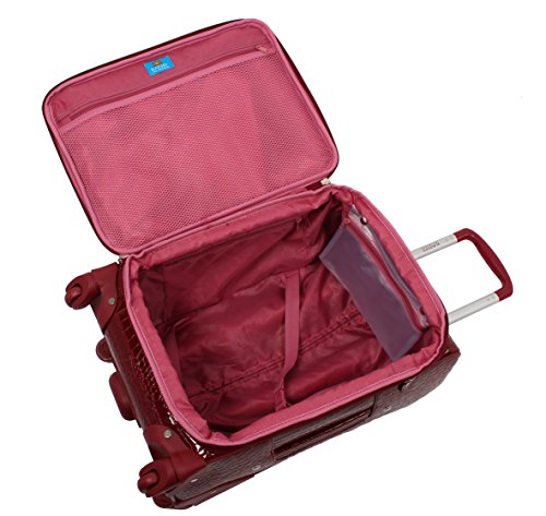 Kathy Van Zeeland Croco PVC Designer Luggage - 4 Piece Softside Expandable Lightweight Spinner Suitcases - Travel Set includes a Dowel and Shopper Bags, 20-Inch Carry On & 28-Inch Suitcase (Burgundy)