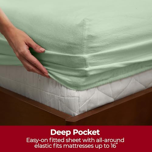 Mellanni Cotton Flannel Bed Sheets Full Size - Brushed for Extra Softness & Comfort - Sage Green Sheets Full Size - Eco Packaging - Fitted Sheet, Flat Sheet & 2 Pillowcases (Full, Sage)