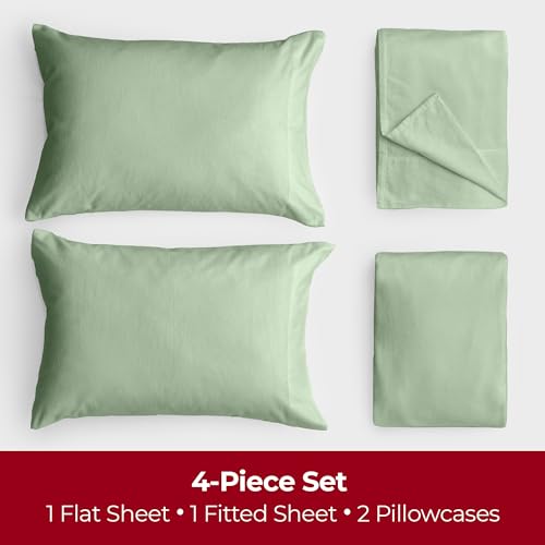 Mellanni Cotton Flannel Bed Sheets Full Size - Brushed for Extra Softness & Comfort - Sage Green Sheets Full Size - Eco Packaging - Fitted Sheet, Flat Sheet & 2 Pillowcases (Full, Sage)