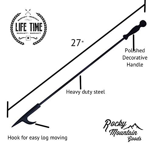 Rocky Mountain Goods Long Fireplace Poker - Rust Resistant Black Finish - Heavy Duty Wrought Iron Steel - Decorative Look and Finish - Multi use tip - Indoor and Outdoor use (1)