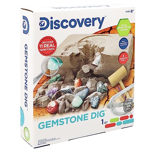 Discovery Kids Gemstone Dig Stem Science Kit by Horizon Group Usa, Excavate, Dig & Reveal 11 Real Gemstones, Includes Goggles, Excavation Tools, Streak Plate, Magnifying Glass & More