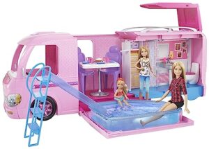 barbie camper playset, dreamcamper toy vehicle with 50 accessories including furniture, pool & slide, hammocks & fireplace (amazon exclusive),pink