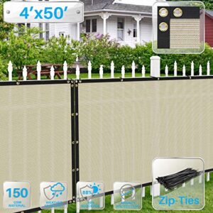 Patio 4' x 50' Fence Privacy Screen Beige Commercial Grade Heavy Duty Outdoor Backyard Shade Windscreen Mesh Fabric with Brass Gromment with Zipties