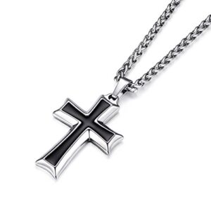 hzman mens stainless steel cross pendant necklace flower basket chain (silver)