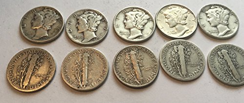 10 Silver Mercury Dimes 1916-1945 Choice Fine