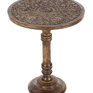 Deco 79 Mango Wood Floral Handmade Intricately Carved Accent Table, 17" x 17" x 21", Dark Brown
