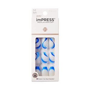 kiss impress press-on manicure fake nails, medium coffin, mesmerize, blue, comfortable, super hold adhesive, no glue/polish, chip proof, no dry time, smudge proof, waterproof | 30 count