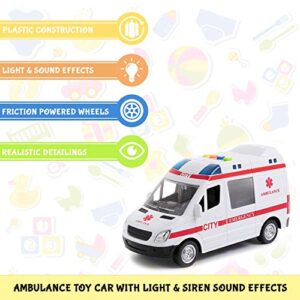 Liberty Imports Ambulance Toy Car with LED Lights & Siren Sound Effects - Friction Powered Wheels Plastic Rescue Vehicle Toy for Kids & Toddlers