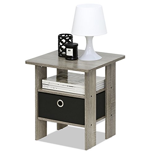 Furinno Andrey End Table / Side Table / Night Stand / Bedside Table with Bin Drawer, French Oak Grey/Black