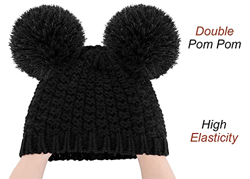 Livingston Women Beanie Hat Cable Knit Double Pompom Ears Winter Hat Cute Beanie for Women Knit Pom Beanie for Winter, Black Beanie