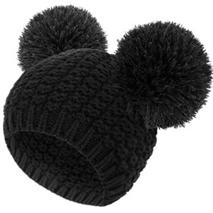 Livingston Women Beanie Hat Cable Knit Double Pompom Ears Winter Hat Cute Beanie for Women Knit Pom Beanie for Winter, Black Beanie