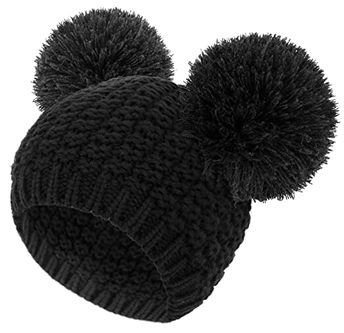 Livingston Women Beanie Hat Cable Knit Double Pompom Ears Winter Hat Cute Beanie for Women Knit Pom Beanie for Winter, Black Beanie