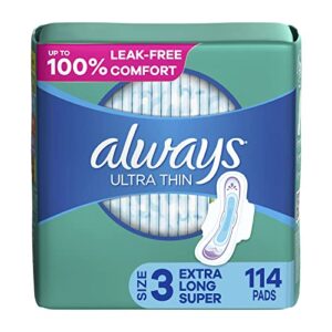 always ultra thin feminine pads for women, size 3 extra heavy long absorbency, multipack, with wings, unscented, 38 count x 3 packs (114 count total)