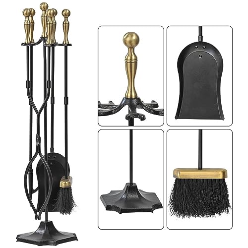 Amagabeli 5 Pieces Fireplace Tools Sets Brass Handles Wrought Iron Set and Holder Indoor Outdoor Fireset Fire Pit Stand Rustic Tongs Shovel Brush Chimney Poker Wood Stove Hearth Accessories Kit Large