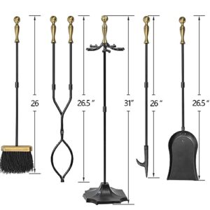 Amagabeli 5 Pieces Fireplace Tools Sets Brass Handles Wrought Iron Set and Holder Indoor Outdoor Fireset Fire Pit Stand Rustic Tongs Shovel Brush Chimney Poker Wood Stove Hearth Accessories Kit Large