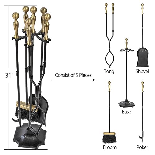 Amagabeli 5 Pieces Fireplace Tools Sets Brass Handles Wrought Iron Set and Holder Indoor Outdoor Fireset Fire Pit Stand Rustic Tongs Shovel Brush Chimney Poker Wood Stove Hearth Accessories Kit Large