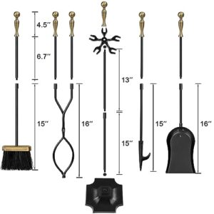 Amagabeli 5 Pieces Fireplace Tools Sets Brass Handles Wrought Iron Set and Holder Indoor Outdoor Fireset Fire Pit Stand Rustic Tongs Shovel Brush Chimney Poker Wood Stove Hearth Accessories Kit Large