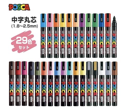 Uni Posca Paint Marker Pen, Medium Point(PC5M), 29 Colors Set with Original Vinyl Pen Case