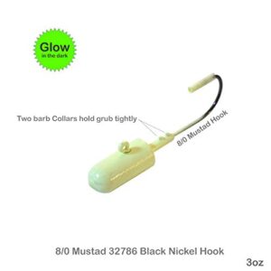 10pcs Fish WOW!® 3oz Bullet Jighead with 32786 MUSTAD 8/0 Hook 2X Strong Black Nickel Hooks Jig Heads - Glow in The Dark