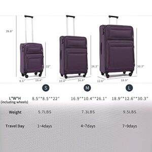 Merax Expandable Carry On Luggage TSA Lock Soft Suitcase Sets With Spinner Wheels Purple