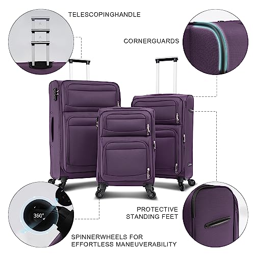 Merax Expandable Carry On Luggage TSA Lock Soft Suitcase Sets With Spinner Wheels Purple