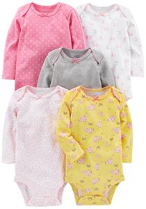simple joys by carter's baby girls' long-sleeve bodysuit, pack of 5, grey/pink dots/white animal print/yellow owl/cat, 6-9 months