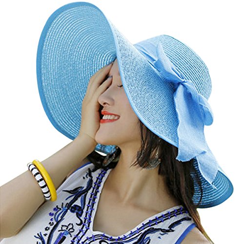 Lanzom Womens 5.5 Inches Big Bowknot Straw Hat Large Floppy Foldable Roll up Beach Cap Sun Hat UPF 50+ Fit Size 6 8/7-7 1/4(Sky Blue)