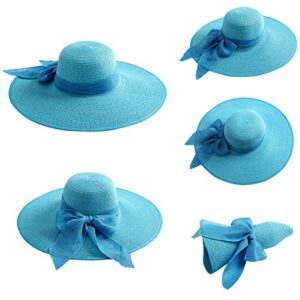 Lanzom Womens 5.5 Inches Big Bowknot Straw Hat Large Floppy Foldable Roll up Beach Cap Sun Hat UPF 50+ Fit Size 6 8/7-7 1/4(Sky Blue)