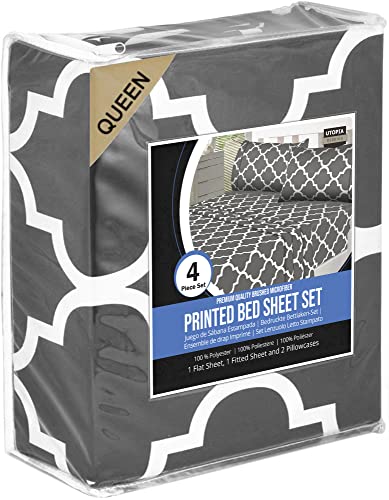 Utopia Bedding Queen Sheet Set, Soft Microfiber 4 Piece Bed Sheets with 16" Deep Pocket - Easy Care Brushed Microfiber (Quatrefoil - Grey)