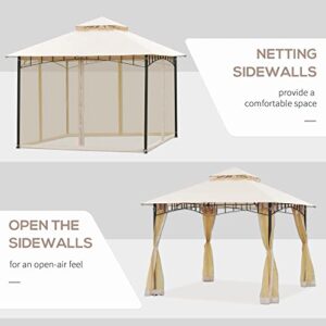 Outsunny 10' x 10' Outdoor Patio Gazebo Canopy Tent with Mesh Sidewalls, 2-Tier Canopy for Backyard, Beige