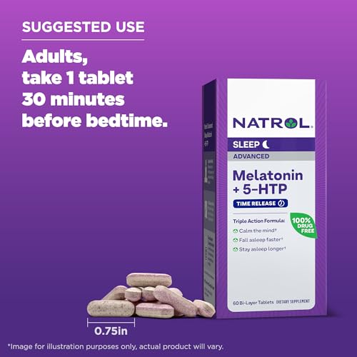 Natrol Advanced Sleep Melatonin + 5HTP, Dietary Supplement for Restful Sleep, 60 Time-Release Tablets, 60 Day Supply