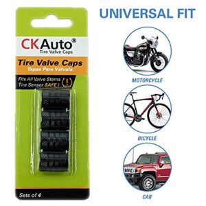 CKAuto Tire Valve Stem Caps, Black, 4 pcs/Pack, Anodized Aluminum Tire Valve Cap Set, Corrosion Resistant, Universal Stem Covers for Cars Trucks Motorcycles SUVs and Bikes