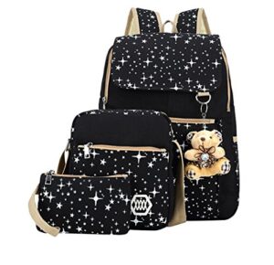 star print girls black canvas backpacks set, school bags bookbags for teenage girls, with crossbody bag, 3 pieces