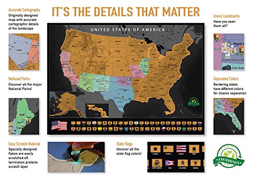 Scratch Off Map of The United States – US Scratch Off Travel Map with 50 State Flags and Landmarks – Map to Track States Visited, Full Accessories Set Included, Gift for Travelers, by Earthabitats