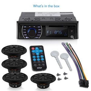 Pyle Marine Head Unit Receiver Speaker Kit - In-Dash LCD Digital Stereo Built-in Bluetooth & Microphone w/ AM FM Radio System 6.5’’ Waterproof Speakers (4) MP3/SD Readers & Remote Control -PLMRKT48BK