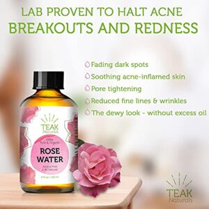 ROSE WATER TONER by Teak Naturals, 100% Organic Natural Moroccan Rosewater (Chemical Free) 4 oz