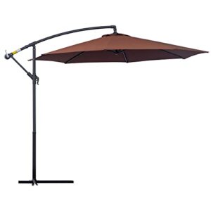 outsunny 10' cantilever hanging tilt offset patio umbrella with uv & water fighting material and a sturdy stand, brown