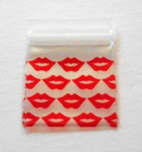 small poly bags (1"x1") mini plastic baggies, thick 2mil, designer rave party pouches (1010) tiny ziplock dime bag (100, red lips on silver)