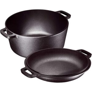 bruntmor 2-in-1, 5 quart pre-seasoned cast iron dutch oven with double handles, 1.6 quart skillet lid with dual handles for frying, grill, roating, perfect for induction, stovetop, bbq camping