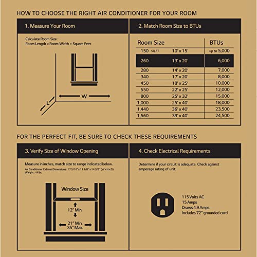 LG 6,000 BTU Window Conditioner, Cools 250 Sq.Ft. (10' x 25' Room Size), Quiet Operation, Electronic Control with Remote, 2 Cooling & Fan Speeds, 2-Way Air Deflection, Auto Restart, 115V, White