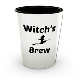 funny shot glasses witch's brew, with image 1.5 ounce shot glass by vitazi kitchenware, white with black interior (2-pack)