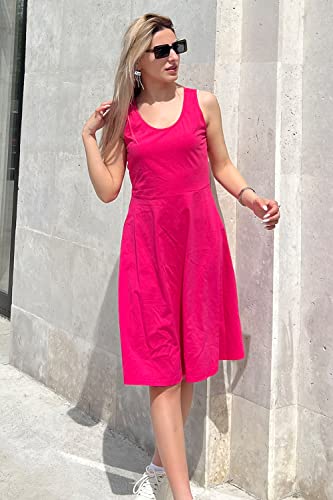 STYLEWORD Women's 2023 Summer Hot Pink Casual Beach Cotton Sundress Fit and Flare Midi Skater Barbie Halloween Dress(Rose,S)