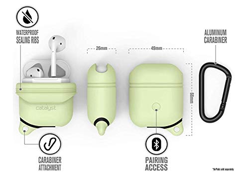 Catalyst Waterproof AirPods 1 & 2 Case with Premium Carabiner, Compatible Wireless Charging, One-Piece Design, Protective Cover Soft Skin, High Drop Protection, Silicone Sealing - Glow in Dark